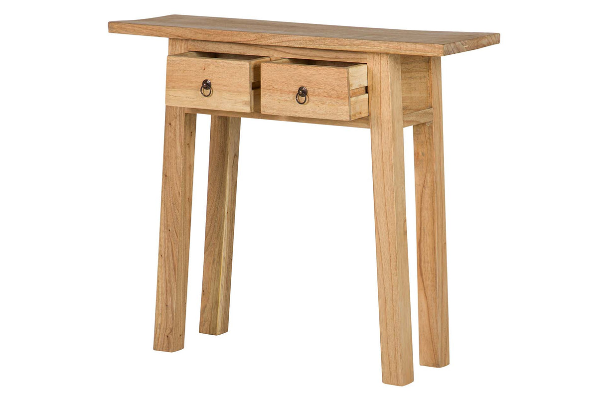Console de madeira natural 2 gavetas 90x30x80 cm