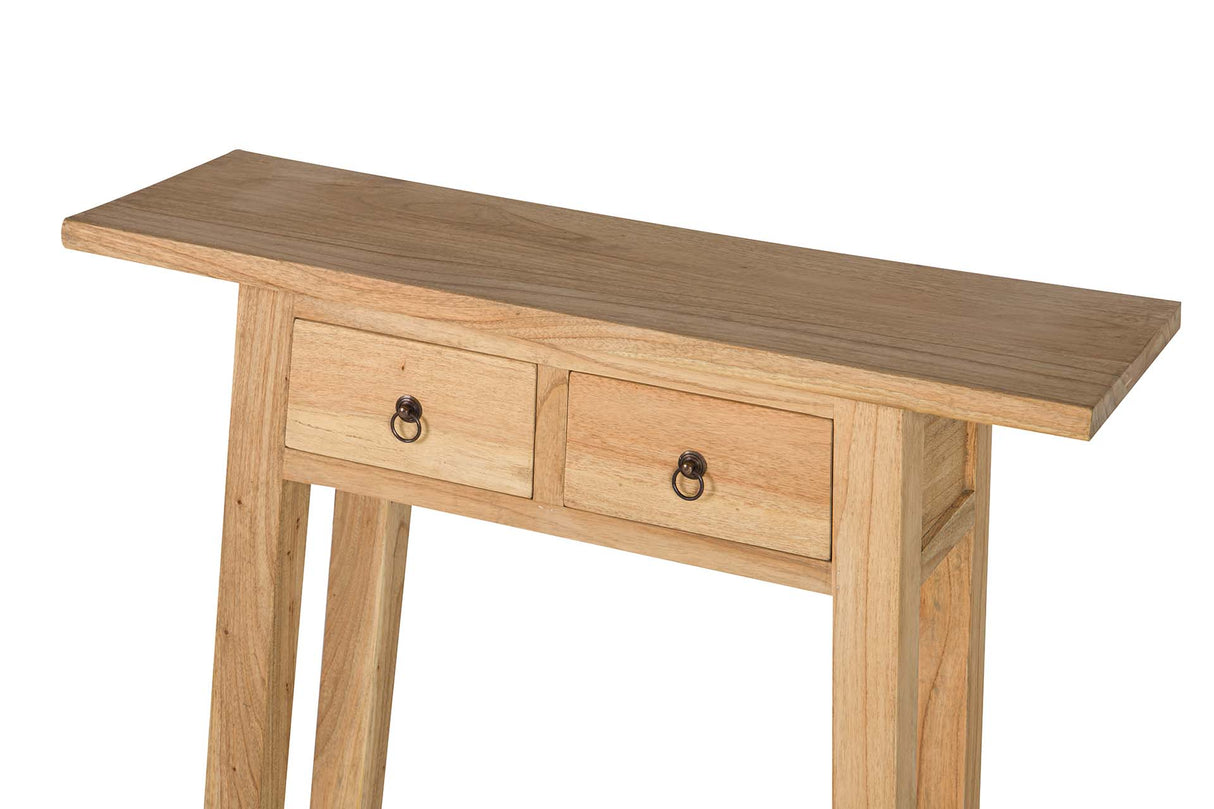 Console de madeira natural 2 gavetas 90x30x80 cm