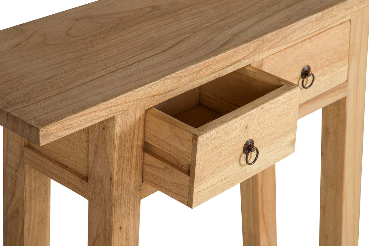 Console de madeira natural 2 gavetas 90x30x80 cm