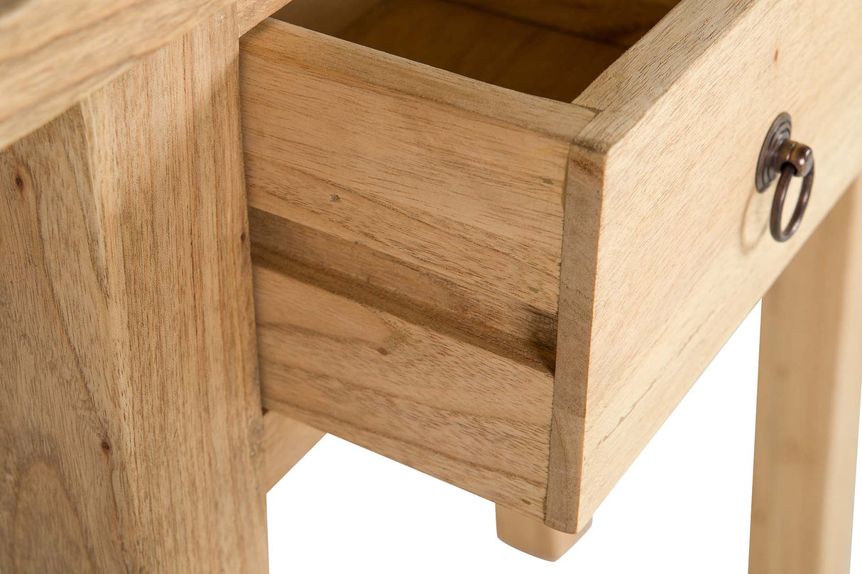 Console de madeira natural 2 gavetas 90x30x80 cm