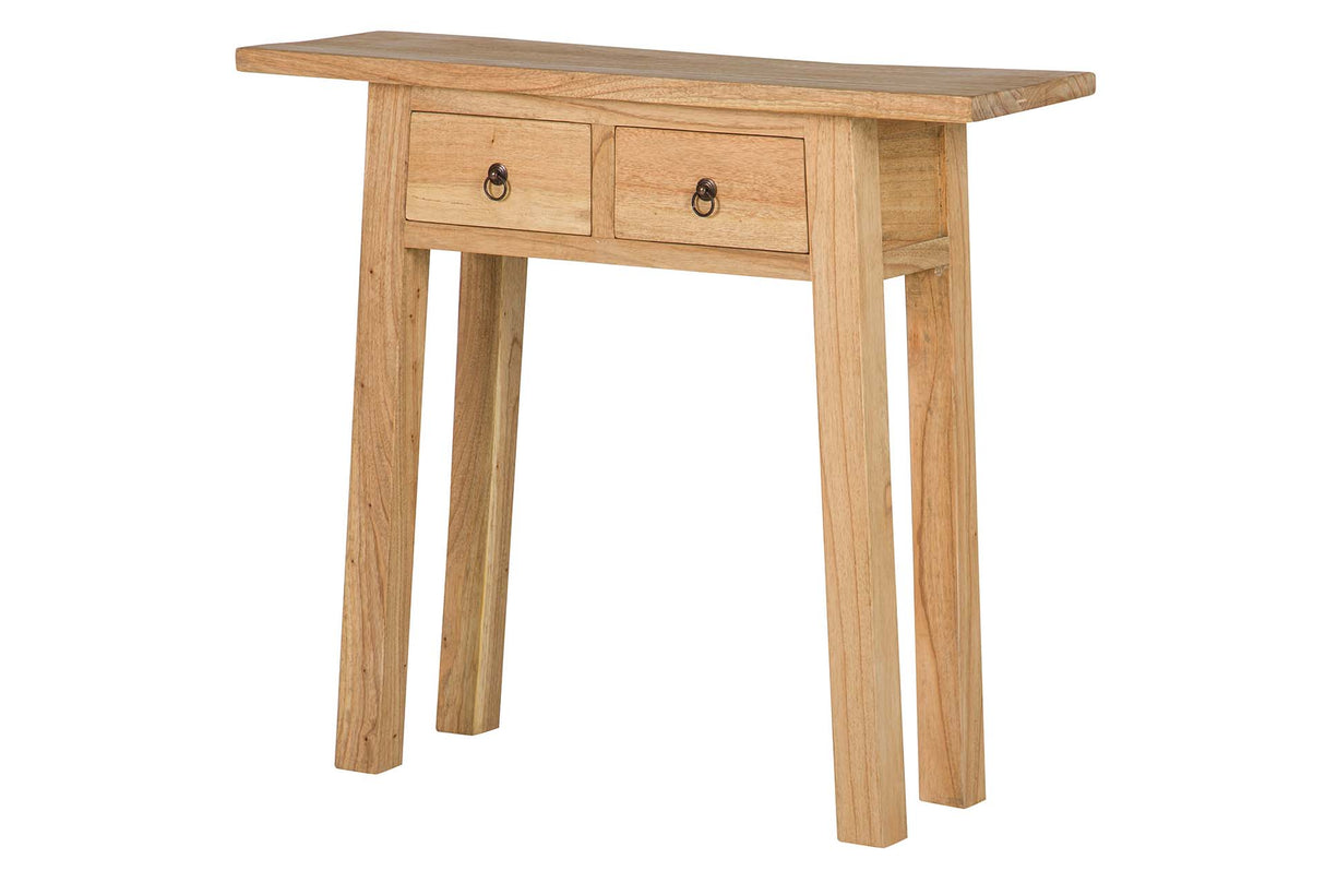 Console de madeira natural 2 gavetas 90x30x80 cm