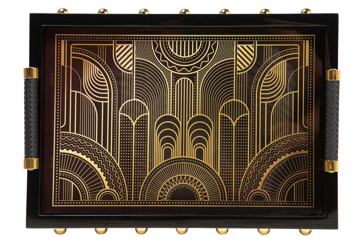 BANDEJA MDF PIEL NEGRO DORADO 45x33x9 CM