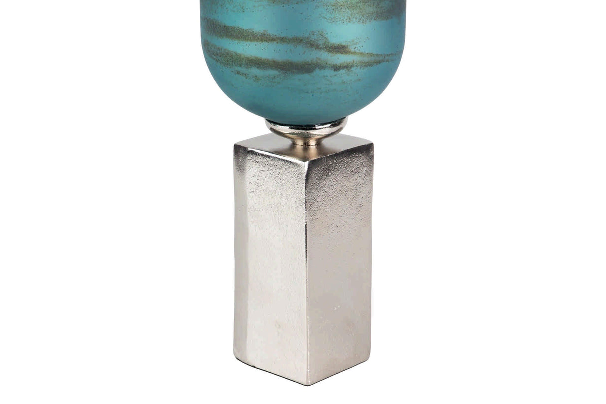 FLORERO CRISTAL ALUMINIO AZUL NICKEL 16x16x58 CM