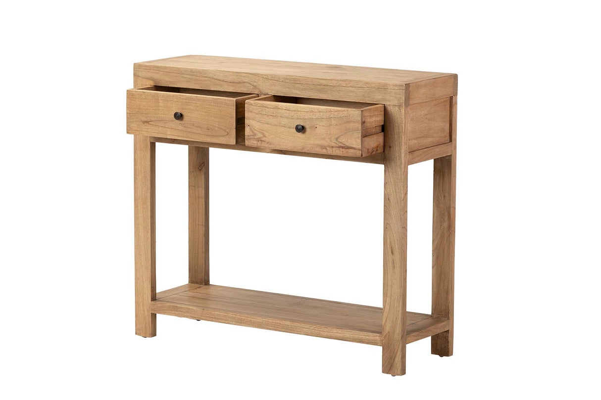 Console de madeira natural 2 gavetas 90x30x80 cm