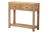 Console de madeira natural 2 gavetas 90x30x80 cm