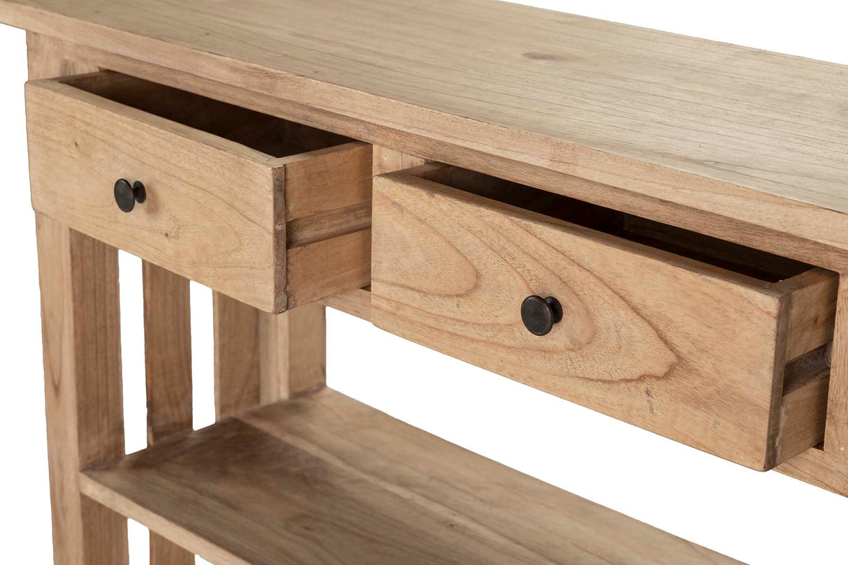 Natural Mindi Wood Console 2 Schubladen 90x30x80 cm