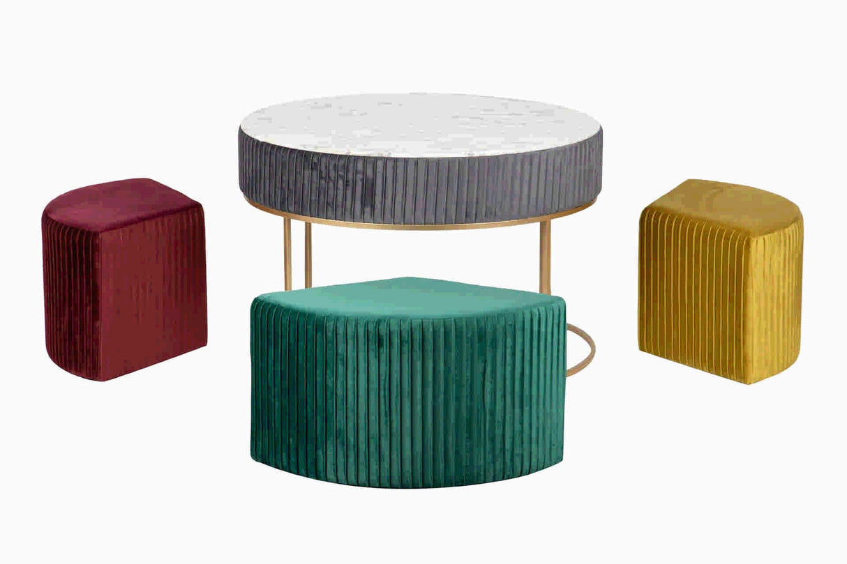 MESA CON 3 PUFFS VELVET METAL 80x80x53 38x30x40CM