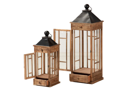 Set 2 lanternes en bois marron 30x30x94 23x23x64 cm