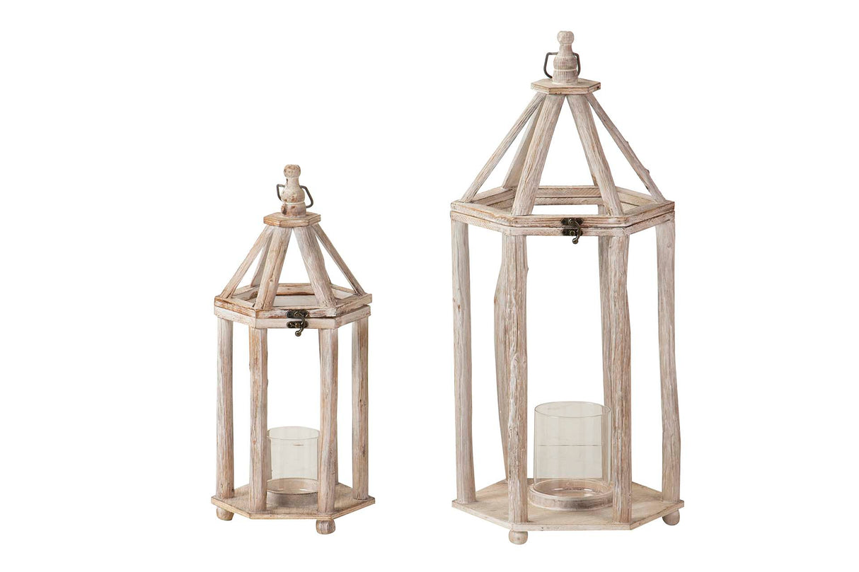 Set 2 lanternes en bois beige 29x25x64 20x17x46 cm