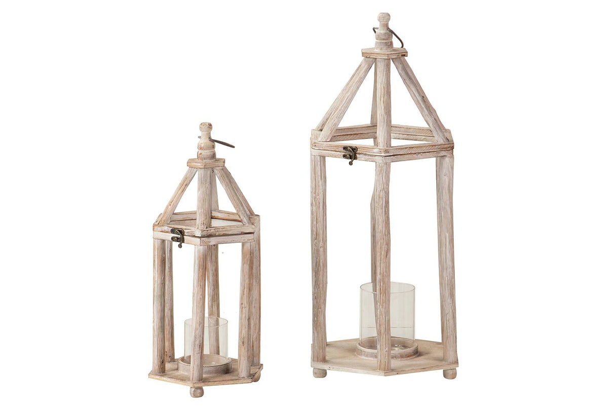 Set 2 lanternes en bois beige 29x25x64 20x17x46 cm