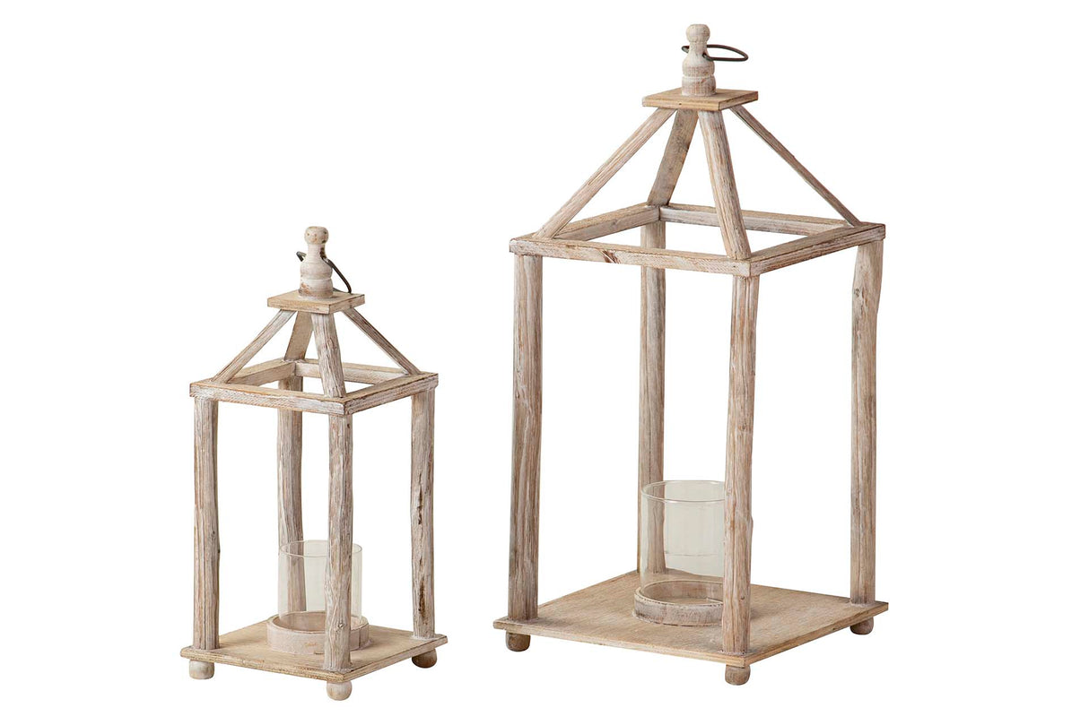 Set 2 lanternes en bois beige 26x26x60 17x17x42 cm