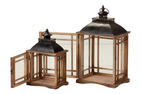 Set 2 lanternes en bois marron 33x25x60 26x18x43 cm