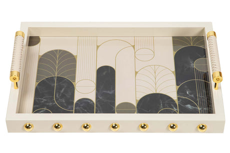 BANDEJA MDF PIEL BEIGE NEGRO 45x33x9 CM