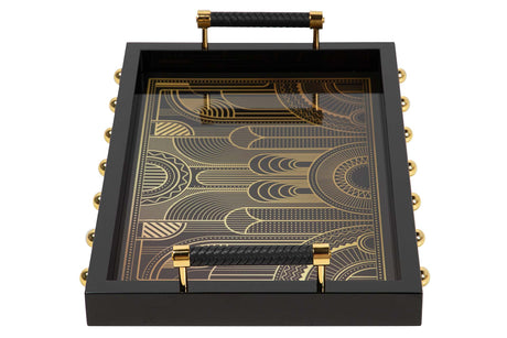 BANDEJA MDF PIEL NEGRO DORADO 45x33x9 CM