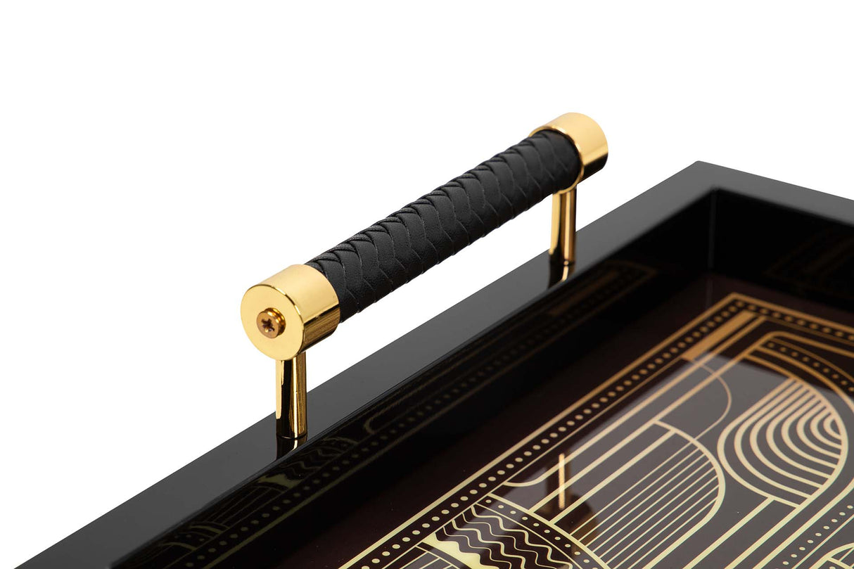 BANDEJA MDF PIEL NEGRO DORADO 45x33x9 CM