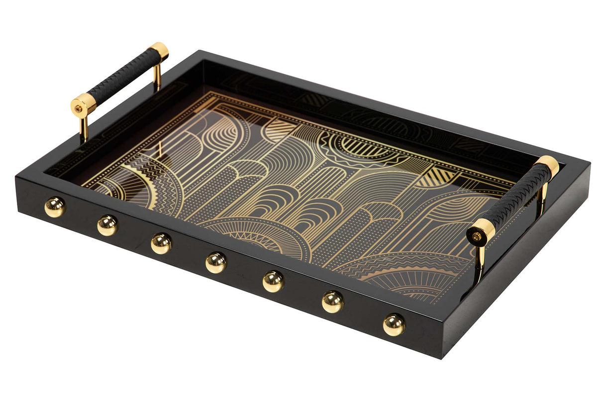 BANDEJA MDF PIEL NEGRO DORADO 45x33x9 CM