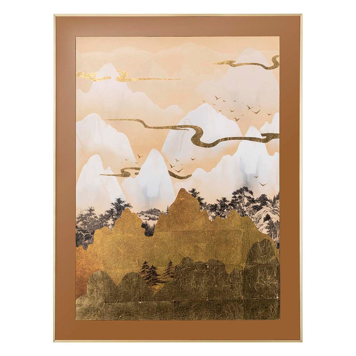 Abstract landscape painting with wooden frame in blue and green hues